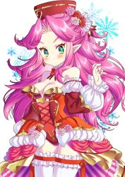 Rule 34 | 1girl, angela (seiken densetsu 3), arm up, bare shoulders, blush, bow, bowtie, breasts, cowboy shot, detached collar, detached sleeves, flower, frilled thighhighs, frills, gold trim, green eyes, hair flower, hair ornament, hat, highres, leotard, long hair, long sleeves, medium breasts, motoko (taom), nail polish, parted bangs, pink flower, pink hair, pink nails, pointy ears, puffy long sleeves, puffy sleeves, red bow, red bowtie, red flower, red hat, red leotard, seiken densetsu, seiken densetsu 3, sidelocks, solo, strapless, strapless leotard, thighhighs, waist cape, white flower, white thighhighs