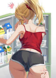Rule 34 | 1girl, 1other, ^^^, ass, ass grab, ass pinch, back, bad id, bad twitter id, bare shoulders, blonde hair, braid, breasts, camisole, carton, commentary request, cropped, dolphin shorts, fate/apocrypha, fate (series), french braid, grey shorts, hair ornament, hair scrunchie, highres, long hair, midriff peek, mordred (fate), mordred (fate/apocrypha), pinching, ponytail, red camisole, refrigerator, scrunchie, short shorts, shorts, sidelocks, simple background, small breasts, surprised, tonee, white background