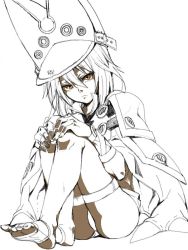 Rule 34 | 1girl, arc system works, barefoot, brown eyes, cape, cloak, coat, creature, guilty gear, guilty gear xrd, hat, long hair, looking at viewer, ramlethal valentine, serious, shirorenge (huruhuru), short shorts, shorts, simple background, sitting, solo, spot color, thigh strap, toeless legwear, white background, white hair