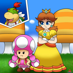 Rule 34 | 1boy, 2girls, angry, blue eyes, bowser jr., breasts, crossed arms, crown, day, dress, earrings, flower earrings, frown, gloves, grass, grin, hand on own hip, hat, highres, jewelry, laughing, mario (series), multiple girls, mushroom, nintendo, orange dress, princess daisy, puffy short sleeves, puffy sleeves, red hair, short sleeves, smile, standing, super mario 3d world, toadette
