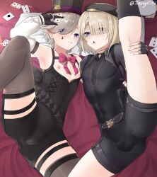 Rule 34 | 2boys, absurdres, ace (playing card), ace of spades, androgynous, armpits, blonde hair, blush, bodysuit, bow, bowtie, brothers, bulge, card, clothes, corset, detached sleeves, feet out of frame, fingerless gloves, freminet (genshin impact), garter straps, genshin impact, gloves, hand on another&#039;s waist, hand up, hat, highres, kneehighs, leg grab, leg lift, legs apart, legs over head, legs up, long sleeves, looking at viewer, lyney (genshin impact), male focus, multiple boys, nipples, covered erect nipples, on bed, pillow, pink bow, playing card, presenting, purple eyes, seven of diamonds, short hair, short shorts, shorts, siblings, socks, spade (shape), spread legs, teardrop facial mark, teardrop tattoo, ten of hearts, thighhighs, thighs, three of clubs, three of diamonds, tiningot196, top hat, trap, two of hearts
