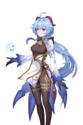 Rule 34 | 1girl, absurdres, ahoge, bare shoulders, bell, blue gloves, blue hair, bow, breasts, brown pantyhose, chinese knot, detached sleeves, flower knot, ganyu (genshin impact), genshin impact, gloves, gold trim, highres, horns, light smile, long hair, looking at viewer, low ponytail, medium breasts, neck bell, orb, pantyhose, purple eyes, qilin (mythology), sidelocks, solo, standing, sword tomb, tassel, thighlet, thighs, vision (genshin impact), white background, white sleeves