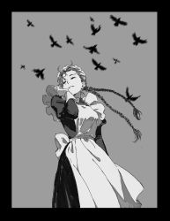 Rule 34 | 1girl, animal, apron, arm at side, bird, border, braid, collared dress, dress, eyelashes, floating hair, flock, frilled apron, frills, from below, greyscale, tucking hair, half-closed eyes, hand up, highres, juliet sleeves, kgeroua, long hair, long sleeves, looking away, looking to the side, maid, maid apron, maid headdress, monochrome, motion blur, original, puffy sleeves, silhouette, simple background, smile, standing, twin braids, twintails, wind