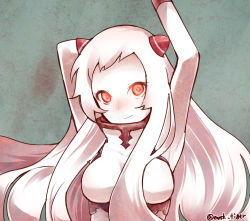Rule 34 | 10s, 1girl, abyssal ship, airfield princess, arm behind head, arm up, armpits, bare shoulders, breasts, horns, kantai collection, long hair, looking at viewer, max melon, pale skin, red eyes, smile, twitter username, upper body, white hair