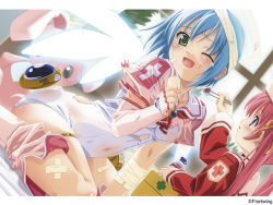 Rule 34 | 2girls, :o, ;d, age difference, angel, angel wings, arm support, bandages, bandaid, bandaid on face, bandaid on nose, blood, blue hair, blurry, blush, body blush, bottle, breasts, brooch, child, covered navel, crop top, cross, depth of field, djibril (makai tenshi djibril), dutch angle, elbow gloves, fingerless gloves, first aid kit, from side, gem, gloves, glowing, glowing wings, green eyes, hair ribbon, halo, hat, holding, indoors, injury, jewelry, kuuchuu yousai, leaning forward, long hair, long sleeves, looking at viewer, luvriel, magical girl, makai tenshi djibril, manabe rika, multiple girls, navel, necktie, nipples, official art, official wallpaper, one-piece swimsuit, one eye closed, open mouth, pink gloves, pink hair, pink legwear, profile, puffy short sleeves, puffy sleeves, purple eyes, red cross, red hair, ribbon, school swimsuit, school uniform, see-through, serafuku, shirt, short hair, short sleeves, sitting, sleeve cuffs, smile, stuffed animal, stuffed rabbit, stuffed toy, swimsuit, swimsuit costume, tears, thighhighs, thighlet, torn clothes, torn shirt, torn swimsuit, turtleneck, twintails, wallpaper, wariza, wet, wet clothes, white one-piece swimsuit, white school swimsuit, wide sleeves, wince, window, wings, wink