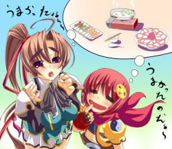 Rule 34 | 00s, 2girls, = =, bachou, brown hair, chouhi, drooling, food, koihime musou, multiple girls, red eyes, red hair, saliva, text focus, translation request