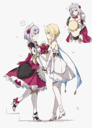 Rule 34 | 2girls, absurdres, apron, bare back, bare shoulders, blonde hair, blush, bouquet, breasts, commentary request, detached sleeves, dress, elbow gloves, flower, from side, full body, genshin impact, gloves, green eyes, grey background, grey hair, hair flower, hair ornament, high heels, highres, holding, holding bouquet, long sleeves, lumine (genshin impact), maid, multiple girls, multiple views, noelle (genshin impact), pantyhose, profile, red flower, red rose, rose, short hair, sidelocks, simple background, small breasts, standing, thighhighs, waist apron, white apron, white background, white dress, white footwear, white gloves, yajuu, yellow eyes, yuri