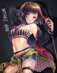 Rule 34 | 1girl, arm behind head, arm up, armpits, bandeau, bang dream!, belt, black background, black hair, bob cut, chain, chain necklace, character name, chest belt, choker, clothes around waist, cross-laced clothes, denim, denim shorts, fishnet pantyhose, fishnets, jacket, jewelry, long sleeves, microphone stand, mitake ran, multicolored hair, navel, necklace, o-ring, o-ring choker, pantyhose, plaid, plaid shirt, purple eyes, raglan sleeves, red hair, shinotarou (nagunaguex), shirt, shirt around waist, short hair, short shorts, shorts, solo, streaked hair, striped, thigh strap, v-shaped eyebrows, vertical stripes, yellow shirt