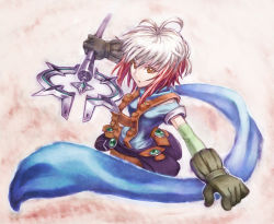 Rule 34 | 1girl, blue shirt, multicolored hair, pascal (tales), pascal (tales), red hair, scarf, shirt, short hair, solo, staff, tales of (series), tales of graces, tda, two-tone hair, white hair