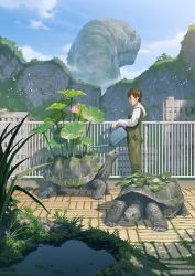 Rule 34 | 1boy, animal, blue sky, brown hair, cloud, creature, day, garden, gardening, green overalls, holding, holding watering can, lily pad, long sleeves, nurikabe (mictlan-tecuhtli), original, outdoors, oversized animal, plant, potted plant, shirt, sky, solo, tortoise, turtle, turtle shell, watering can, white shirt
