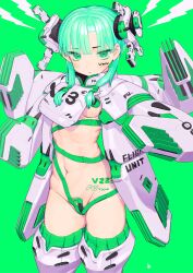 1girl absurdres commentary commission english_commentary facial_mark green_background green_eyes green_hair highres muzinneki navel original parted_bangs revealing_clothes short_hair_with_long_locks sidelocks solo