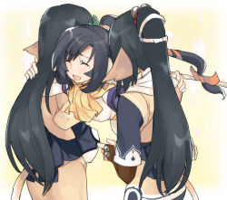 Rule 34 | 2girls, age difference, aged up, animal ears, aquaplus, black hair, breasts, cat tail, closed eyes, crying, family, fingerless gloves, from behind, gloves, hair between eyes, high ponytail, highres, kuon (utawarerumono), long hair, low-tied long hair, medium breasts, micon hnhn, mother and daughter, multiple girls, open mouth, ponytail, sash, scarf, short sleeves, sidelocks, swept bangs, tail, utawarerumono, utawarerumono: itsuwari no kamen, utawarerumono: lost flag, very long hair, wide sleeves, yuzuha (utawarerumono)