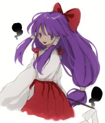 Rule 34 | 1girl, bow, chinese commentary, commentary request, cowboy shot, detached sleeves, gohei, hair bow, hair tubes, hakama, hakama skirt, hakurei reimu, hakurei reimu (pc-98), holding, holding gohei, japanese clothes, long hair, long sleeves, needless (toyaco), no sclera, open mouth, purple eyes, purple hair, red bow, red shirt, shirt, sidelocks, simple background, skirt, sleeveless, sleeveless shirt, smile, solo, touhou, touhou (pc-98), white background, white shirt, white sleeves