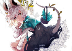 Rule 34 | 1girl, animal ears, basket, black dress, brown eyes, capelet, crystal, dress, dutch angle, frills, jewelry, long sleeves, looking at viewer, mouse (animal), mouse ears, mouse tail, nazrin, open mouth, pendant, petticoat, sasurai susuki, shirt, short dress, short hair, silver hair, sitting, solo, tail, touhou, white background, white shirt