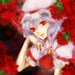 Rule 34 | 1girl, ascot, female focus, flower, hat, jewelry, lipstick, makeup, puffy sleeves, red eyes, remilia scarlet, rose, sawori (katherine9), short sleeves, silver hair, solo, touhou