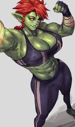 Rule 34 | 1509virgoart, 1girl, abs, black gloves, black pants, black sports bra, breasts, cleavage, clenched hand, colored skin, fangs, female orc, fingerless gloves, gloves, green skin, highres, large breasts, looking at viewer, muscular, muscular female, orc, original, pants, pointy ears, red hair, short hair, signature, simple background, solo, sports bra, tusks, white background, workout clothes, yoga pants