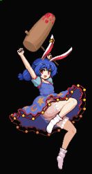 Rule 34 | 1girl, arms up, bad id, bad twitter id, black background, bloomers, blue dress, blue hair, crescent, dress, full body, holding, kine, looking at viewer, lowres, mallet, namako daibakuhatsu, no shoes, open mouth, pixel art, red eyes, see-through, seiran (touhou), short sleeves, simple background, smile, socks, solo, star (symbol), touhou, underwear, white socks
