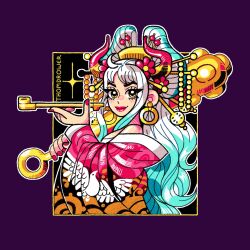 Rule 34 | 1girl, aqua hair, club, club (weapon), commentary request, curled horns, earrings, hair ornament, highres, holding, holding smoking pipe, holding weapon, horns, japanese clothes, jewelry, kanabou, kanzashi, kimono, looking at viewer, multicolored hair, oiran, one piece, red horns, red lips, red nails, smoking pipe, solo, spanish commentary, thomdrower, upper body, weapon, white hair, yamato (one piece)