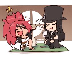 Rule 34 | 1girl, 1other, ascot, baiken, big hair, black hair, breasts, chibi, closed eyes, cup, eyepatch, facial tattoo, guilty gear, guilty gear strive, hat, hat ornament, highres, holding, holding cup, japanese clothes, kimono, large breasts, long hair, multicolored clothes, multicolored kimono, pink hair, samurai, scar, scar across eye, skull hat ornament, tattoo, teacup, testament (guilty gear), top hat, torn sleeve, white ascot