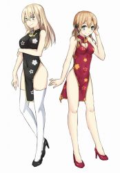 Rule 34 | 10s, 2girls, alternate costume, anchor hair ornament, bare legs, bare shoulders, bismarck (kancolle), black dress, blonde hair, blue eyes, blush, breasts, china dress, chinese clothes, cleavage, cleavage cutout, clothing cutout, covered navel, dress, floral print, full body, hair ornament, high heels, kantai collection, kz (kazuma-rising), large breasts, long hair, multiple girls, no panties, prinz eugen (kancolle), red dress, simple background, sleeveless, sleeveless dress, smile, standing, taut clothes, taut dress, thighhighs, twintails, white background, white legwear