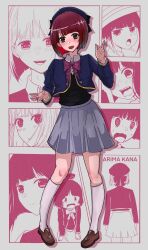 Rule 34 | 1girl, absurdres, arima kana, askukaz (asukaz346), beret, black bow, blue headwear, blue jacket, blunt bangs, blush, bob cut, bow, bowtie, brown footwear, character name, collared shirt, commentary, cropped jacket, crying, grey skirt, hat, hat bow, highres, jacket, kneehighs, multiple views, no pupils, open mouth, oshi no ko, pink bow, pink bowtie, red eyes, red hair, school uniform, shirt, short hair, skirt, socks, white shirt, white socks, youtou high school uniform