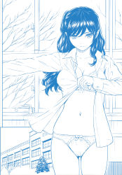 Rule 34 | 1girl, absurdres, blue theme, bow, bow panties, bra, breasts, building, cleavage, closed mouth, faucet, highres, homunculus, homunculus (alchemynote), long hair, long sleeves, looking at viewer, monochrome, navel, open clothes, open shirt, panties, shirt, swept bangs, tree, underwear, window