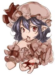 Rule 34 | 1girl, azuki (azuki-taste), blood, blood on face, blood on hands, fang, frills, hair between eyes, hat, hat ribbon, highres, mob cap, pink hat, pointy ears, puffy short sleeves, puffy sleeves, red ribbon, remilia scarlet, ribbon, short hair, short sleeves, simple background, solo, touhou, upper body, white background