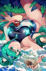 Rule 34 | 1girl, bad id, bad pixiv id, bare arms, bare legs, bare shoulders, beach, breasts, competition swimsuit, drinking straw, green eyes, green hair, large breasts, long hair, looking at viewer, lying, on back, one-piece swimsuit, pina colada, plant, pneuma (xenoblade), ponytail, seashell, shell, smile, swept bangs, swimsuit, tiara, very long hair, water, xenoblade chronicles (series), xenoblade chronicles 2, yagi (kyuhyun)