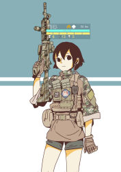 Rule 34 | 1girl, assault rifle, black eyes, black hair, camouflage, chinese commentary, chinese text, commentary request, earpiece, etmc1992, gloves, gun, health bar, highres, holding, holding gun, holding weapon, load bearing vest, m4 carbine, original, rifle, short hair, short shorts, shorts, solid eyes, solo, trigger discipline, user interface, weapon, white background