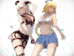 Rule 34 | 2girls, arm strap, black choker, black gloves, black headwear, black shirt, black shorts, blue eyes, blue skirt, breasts, chain, choker, clenched teeth, commentary request, crop top, dual persona, fate/grand order, fate (series), fingerless gloves, front-tie top, gloves, grey background, hand on own chest, hat, highres, jeanne d&#039;arc (fate), jeanne d&#039;arc (mystery treasure) (fate), jeanne d&#039;arc alter (fate), jeanne d&#039;arc alter (mystery treasure) (fate), king ekaki, large breasts, long braid, long hair, looking at viewer, midriff, mini hat, miniskirt, multiple girls, navel, pleated skirt, shirt, short shorts, shorts, silver hair, skirt, sleeveless, sleeveless shirt, stomach, teeth, thigh strap, thighhighs, thighs, very long hair, white legwear, white shirt, yellow eyes, zettai ryouiki