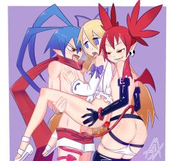 Rule 34 | 1boy, 2girls, angel wings, antenna hair, ass, belt buckle, bisexual female, blonde hair, blue bow, blue eyes, blue hair, blue ribbon, bottomless, bow, breath, buckle, demon girl, demon tail, demon wings, dildo, disgaea, double penetration, earrings, etna (disgaea), fang, ffm threesome, flat chest, flonne, frills, gloves, group sex, hair tie, half-closed eyes, highres, jewelry, kiss, laharl, long hair, mad mex, multiple girls, open mouth, panties, pointy ears, purple background, red eyes, red hair, red scarf, red shorts, ribbon, saliva, saliva trail, scarf, sex, sex toy, shoes, shorts, signature, simple background, skin fang, skull earrings, smile, standing, standing sex, steam, strap-on, tail, thighhighs, threesome, tongue, tongue out, twintails, underwear, very long hair, white footwear, white panties, wings, wristband