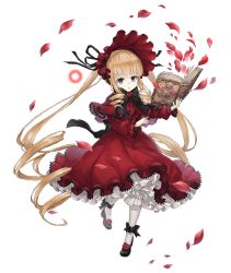 Rule 34 | 1girl, blonde hair, blue eyes, bonnet, book, crossover, dress, drill hair, frilled dress, frills, full body, gothic lolita, holding, holding book, ji no, lolita fashion, long hair, looking at viewer, mary janes, official art, petals, red dress, rozen maiden, shinku, shoes, sinoalice, solo, transparent background, very long hair