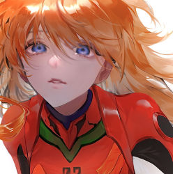 Rule 34 | 1girl, artist request, bodysuit, breasts, brown hair, floating hair, hair between eyes, hair ornament, lips, long hair, looking at viewer, neon genesis evangelion, pilot suit, plugsuit, red bodysuit, shiny clothes, shiny skin, simple background, solo, souryuu asuka langley, two side up, very long hair, white background