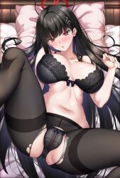 Rule 34 | 1girl, ass, black bra, black hair, black panties, black pantyhose, blue archive, blush, bow, bow panties, bra, breasts, hair ornament, hairclip, halo, highres, lace, lace bra, large breasts, long hair, navel, panties, pantyhose, red eyes, rio (blue archive), shirokuma a, solo, spread legs, stomach, torn clothes, torn pantyhose, underwear