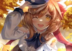 Rule 34 | 1girl, bare shoulders, blue bow, blue bowtie, blush, bow, bowtie, breasts, brown hair, cabbie hat, center frills, clothing cutout, collared shirt, commentary, frills, ginkgo tree, hair ornament, hairclip, hand on headwear, haruhitooo, hat, highres, leaf, long hair, long sleeves, looking at viewer, matikane tannhauser (umamusume), medium breasts, one eye closed, open mouth, orange eyes, shirt, shoulder cutout, solo, teeth, umamusume, upper body, upper teeth only, white shirt