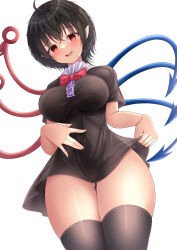 Rule 34 | 1girl, ahoge, asymmetrical wings, black dress, black hair, black thighhighs, blue wings, blush, bow, bowtie, breasts, center frills, cowboy shot, curvy, dress, frills, gluteal fold, highres, houjuu nue, large breasts, looking at viewer, open mouth, pointy ears, red bow, red bowtie, red eyes, red wings, reijing etrn, short hair, short sleeves, simple background, solo, thigh gap, thighhighs, thighs, touhou, white background, wings