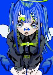 Rule 34 | 1girl, angel, angel wings, bandaid, bandaid on face, bandaid on nose, black nails, black shirt, black skirt, blue background, blue eyes, blue hair, blue socks, blunt bangs, chest harness, hair ornament, halo, hands on lap, harness, highres, long hair, long sleeves, looking at viewer, loose socks, miniskirt, nail polish, open mouth, original, pleated skirt, ringed eyes, shirt, sitting, skirt, sleeves past wrists, socks, solo, star (symbol), star hair ornament, star in eye, straight hair, symbol in eye, tongue, two side up, urokogaran, wariza, white wings, wings, x hair ornament