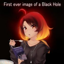 Rule 34 | 1girl, ahoge, black hair, black hole, blush, book, breasts, casual, cereal, gigamessy, glowing, holding, holding book, holding spoon, hood, hoodie, long hair, looking at viewer, m87 black hole, medium breasts, multicolored hair, open mouth, orange eyes, orange hair, original, personification, solo, spoon, upper body
