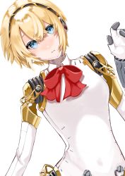 Rule 34 | 1girl, absurdres, aegis (persona), android, blonde hair, blue eyes, bow, bowtie, commentary, detached collar, gold trim, head tilt, headband, headphones, highres, joints, looking at viewer, mechanical arms, mechanical parts, persona, persona 3, red bow, robot, robot ears, robot joints, short hair, simple background, sirius kae, solo, symbol-only commentary, upper body, white background