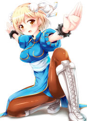 Rule 34 | 10s, 1girl, blonde hair, blue dress, blush, boots, bracelet, brown eyes, brown pantyhose, bun cover, capcom, china dress, chinese clothes, chun-li, chun-li (cosplay), cosplay, cross-laced footwear, djeeta (granblue fantasy), double bun, dress, fang, fighting stance, granblue fantasy, hair bun, jewelry, looking at viewer, open mouth, outstretched arms, pantyhose, pelvic curtain, puffy short sleeves, puffy sleeves, sash, short sleeves, side slit, solo, spiked bracelet, spikes, street fighter, tekehiro, white footwear