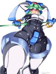 Rule 34 | 1girl, abs, android, armor, artist name, bodystocking, bodysuit, capcom, elbow gloves, fingerless gloves, gloves, green hair, headgear, helmet, highres, holding, looking at viewer, looking down, pandora (mega man), radlionheart, red eyes, mega man (series), mega man zx, mega man zx advent, shoes, signature, solo, solo focus, text focus, thick thighs, thighs, tight clothes, transparent background, wide hips