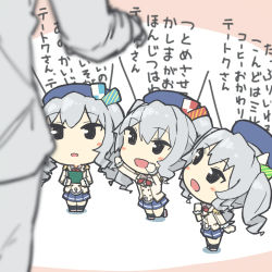 Rule 34 | 10s, 1boy, 3girls, admiral (kancolle), beret, black eyes, blush, blush stickers, chibi, clone, commentary request, epaulettes, frilled sleeves, frills, gloves, hat, highres, kantai collection, kashima (kancolle), kerchief, long hair, md5 mismatch, military, military uniform, mini person, minigirl, multiple girls, multiple persona, naval uniform, open mouth, pleated skirt, sidelocks, silver hair, skirt, smile, translation request, tsurime, twintails, uchiage cola, uniform, wavy hair, white gloves