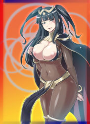 Rule 34 | 1girl, black hair, bodysuit, breasts, cameltoe, cleavage, fire emblem, fire emblem awakening, highres, large breasts, long hair, looking at viewer, naughty face, navel, nintendo, nipples, puffy nipples, see-through, see-through bodysuit, smile, solo, tharja (fire emblem), twintails, two side up, very long hair, yunioshi
