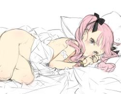 Rule 34 | 1girl, bed sheet, blush, grey eyes, looking at viewer, lying, nude, on side, ooyari ashito, original, pillow, pink hair, smile, solo, twintails
