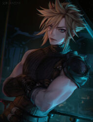 Rule 34 | 1boy, absurdres, armor, black gloves, blonde hair, blue eyes, closed mouth, cloud strife, crossed arms, final fantasy, final fantasy vii, final fantasy vii remake, gloves, hair between eyes, highres, kazeya, lips, looking at viewer, male focus, short hair, shoulder armor, single bare shoulder, sleeveless, sleeveless turtleneck, solo, spiked hair, sweater, turtleneck, turtleneck sweater, upper body