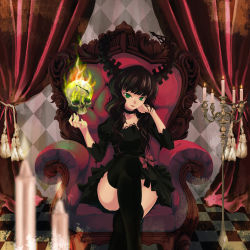 Rule 34 | 10s, 1girl, black dress, black hair, black rock shooter, candelabra, candle, candlestand, chair, crossed legs, curly hair, dead master, dress, female focus, green eyes, highres, horns, indoors, kai ai, sitting, skull, smile, solo, thighhighs, throne, zettai ryouiki