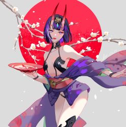 Rule 34 | 1girl, bob cut, cherry blossoms, cup, fate/grand order, fate (series), female focus, flower, highres, holding, horns, japanese clothes, kimono, looking at viewer, oni, open clothes, purple eyes, purple hair, revealing clothes, sakazuki, sakuramochi1003, short hair, shuten douji (fate), skin-covered horns, solo