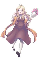 Rule 34 | 1girl, ahoge, alternate costume, blonde hair, bouquet, fire emblem, fire emblem fates, flower, full body, grey eyes, highres, holding, holding bouquet, long hair, long sleeves, looking at viewer, nintendo, one eye closed, open mouth, ophelia (fire emblem), scarf, second-party source, sher (imnotsher), teeth, turtleneck, upper teeth only