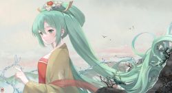 Rule 34 | 1girl, chinese clothes, chinese commentary, closed mouth, eggplant (dadamiao), flower, from side, green eyes, green hair, hair between eyes, hair flower, hair ornament, half updo, hatsune miku, highres, light smile, long sleeves, miku day, mixed-language commentary, official alternate costume, solo, twintails, upper body, vocaloid, water, water butterfly