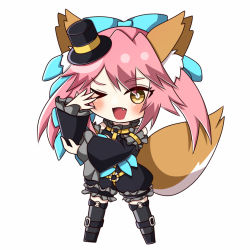Rule 34 | 1girl, animal ear fluff, animal ears, blue ribbon, blush, chibi, fang, fate/extra, fate/extra ccc, fate (series), fox ears, fox girl, fox tail, hair ornament, hat, illustration 07, mini hat, mini top hat, o-ring, o-ring top, official alternate costume, one eye closed, open mouth, pink hair, ribbon, simple background, solo, tail, tamamo (fate), tamamo no mae (fate/extra), tamamo no mae (sable mage) (fate), top hat, white background, yellow eyes